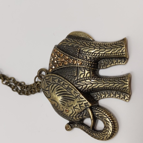 Elephant Pendant Necklace Long Brass Tone Rhinestones - Picture 9 of 9